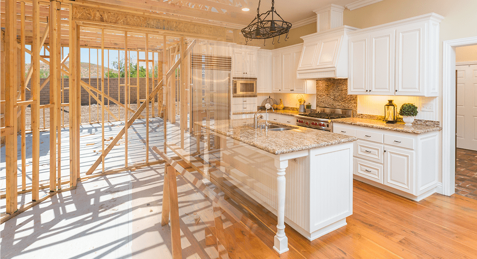 Renovated kitchen with wooden frame overlay