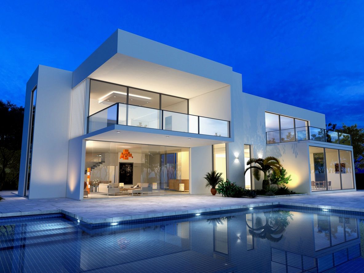 Contemporary villa exterior with reflections