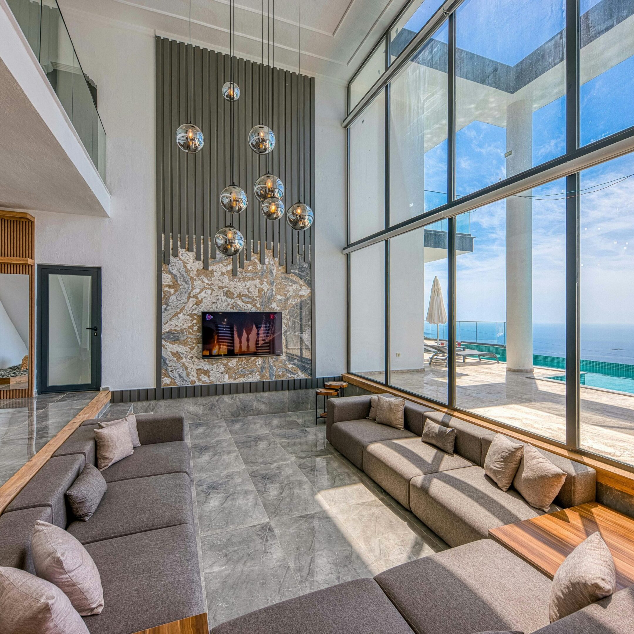 Modern living room with ocean view